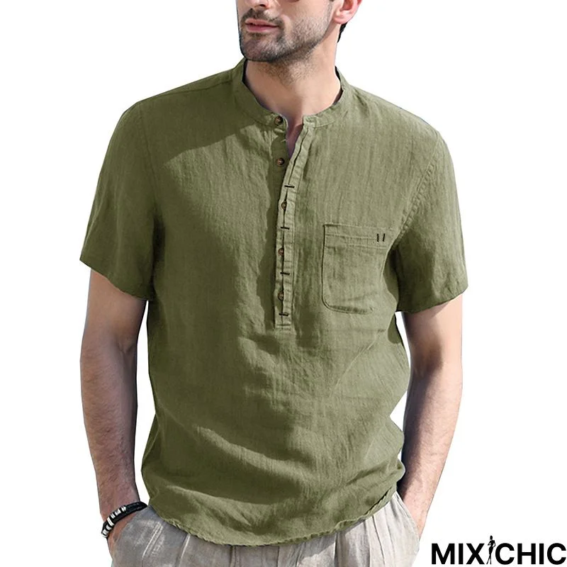 Henry Collar Plain Pocket Short Sleeve Shirt Men's Cotton and Linen Shirt