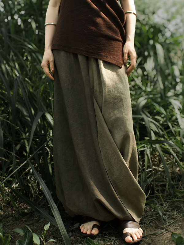 Loose High Waist Pleated Cotton Linen Long Skirts