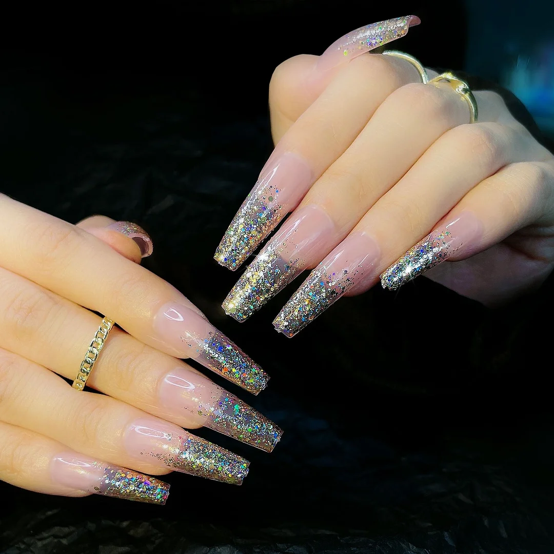 Glitter Extra Long False Nails Ballerina Wearable Coffin Fake Nails Full Cover Nail Tips fake nail with design Manicure Tool-Nail Inspo