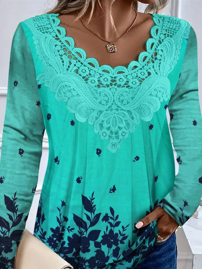 Women's Long Sleeve Scoop Neck Floral Printed Lace Stitching Top
