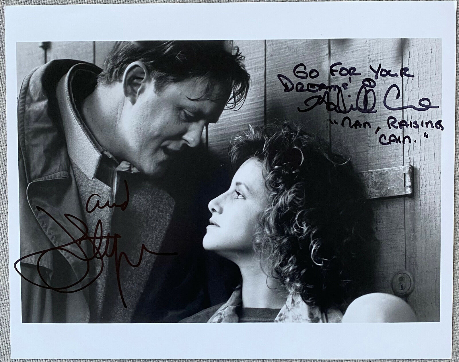 John Lithgow Signed & Gabrielle Carteris Signed 8x10 B&W Raising Cain Photo Poster painting