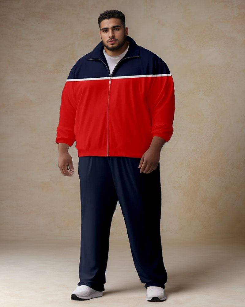 Plus Size Men's Casual Fashion Red And Blue Color Zipper Lapel Long Sleeve Trousers Suit