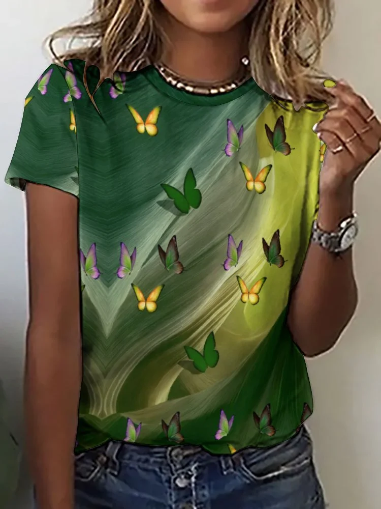 Printed Short Sleeve Casual T-shirt for  Women and Men Unisex Pattern Butterfly, Green, Dark Green