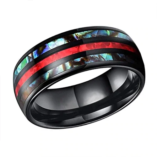 Women's Or Men's Tungsten Carbide Wedding Band Matching Rings,Black Tone Multi Color Inspired Red Opal and Rainbow Abalone Shell Inlay Ring Organic Colors With Mens And Womens For Width 4MM 6MM 8MM 10MM