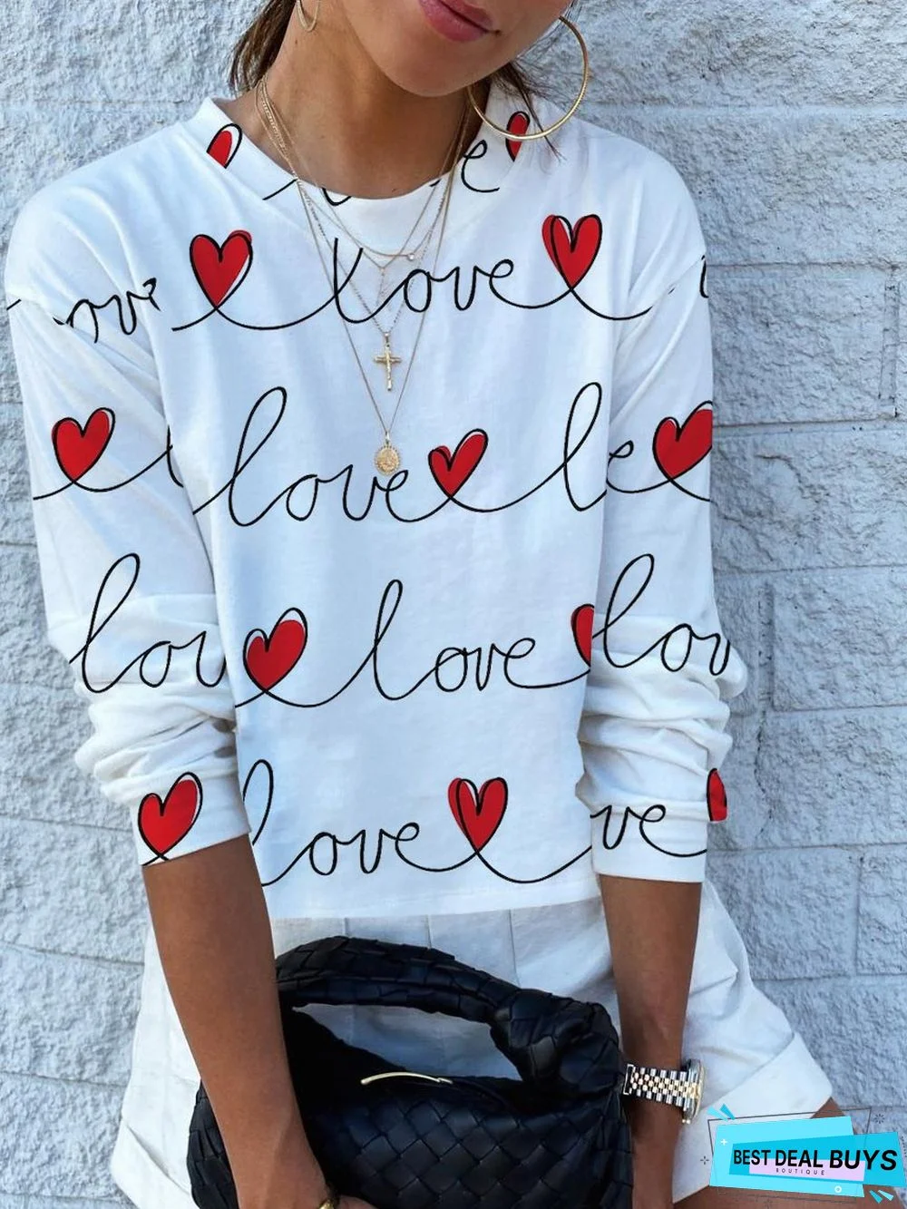 Crew Neck Heart/Cordate Casual T-Shirt