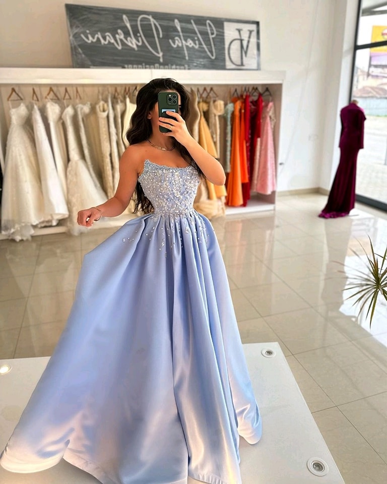 Oknass Glamorous Blue Strapless Sleeveless A Line Pleated Prom Dress With Beading