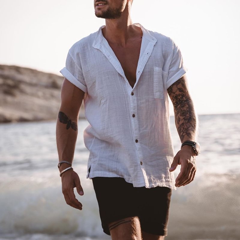 Mens Fashion Solid Color Linen Casual Shirt