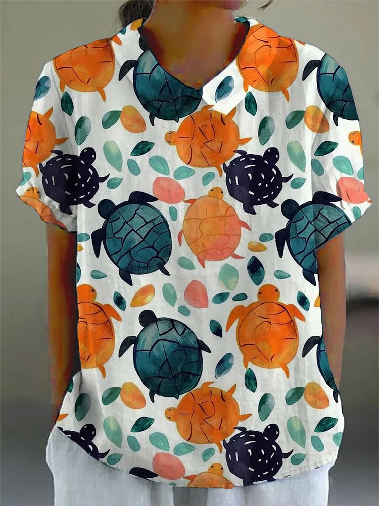 Women's Turtle Print Casual Lapel Top