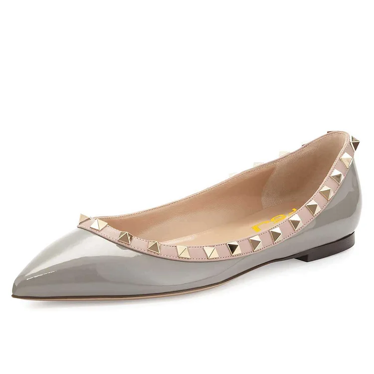 Grey Pointy Toe Flats Comfortable Shoes with Rivets |FSJ Shoes