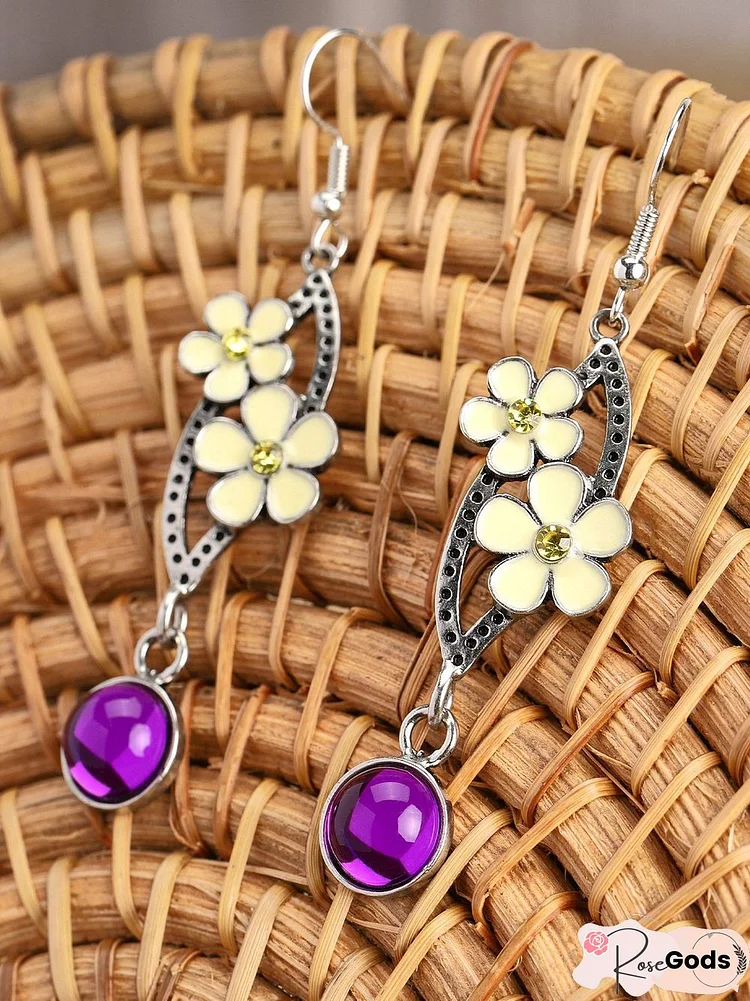 Vintage Style Yellow Flower Purple Stone Silver Earrings