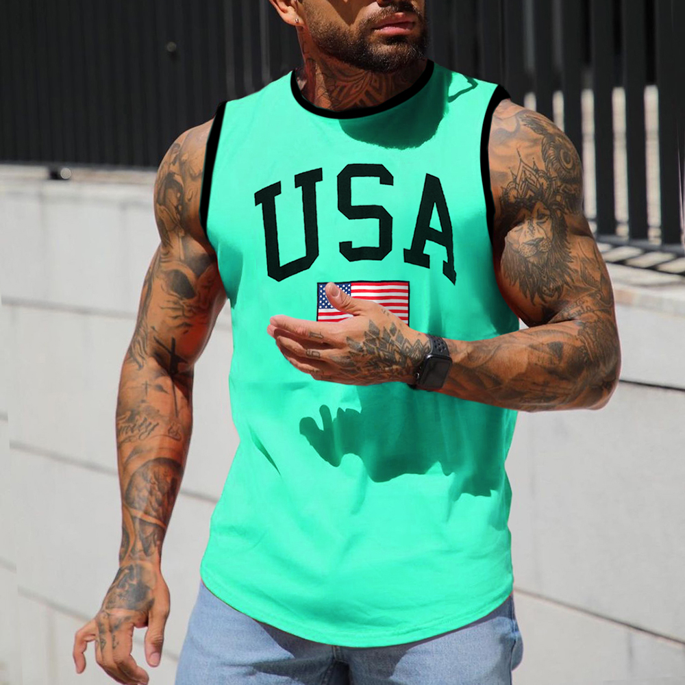 Men's USA Print Tank Top Casual Color Contrast Slim Fit Sleeveless Top Summer Vest