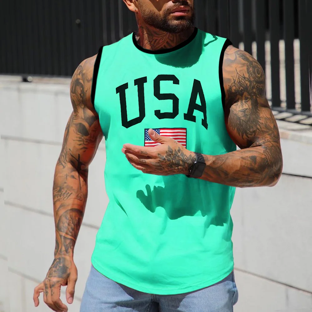 Men's USA Print Tank Top Casual Color Contrast Slim Fit Sleeveless Top Summer Vest