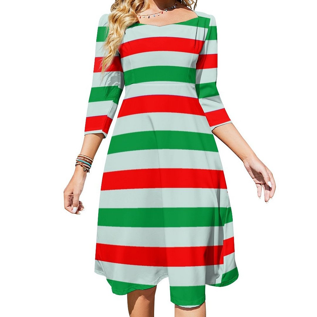 Christmas Candy Cane Striped Dress Sweetheart Tie Back Flared 3/4 Sleeve Midi Dresses
