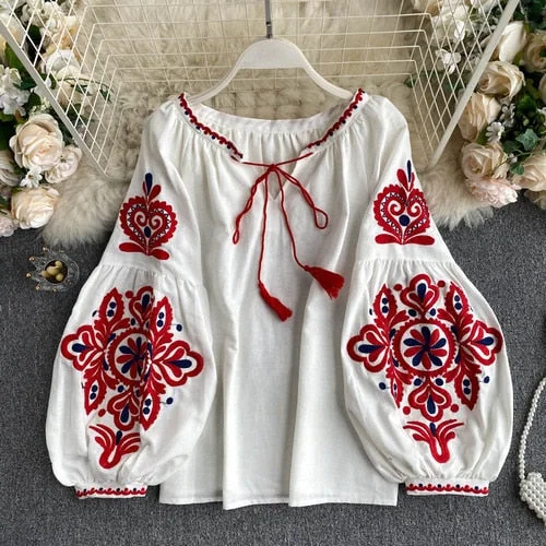 Embroidered Lace-Up Tassel V-Neck Lantern Sleeve Blouse