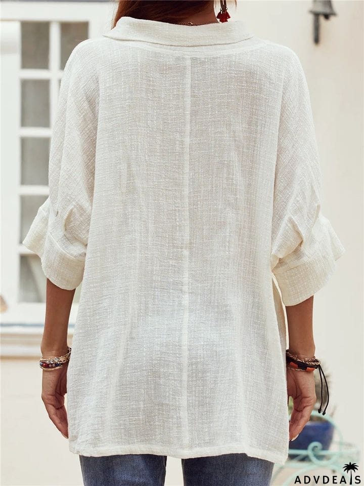 Half Sleeve Loose White Color Linen Blouse