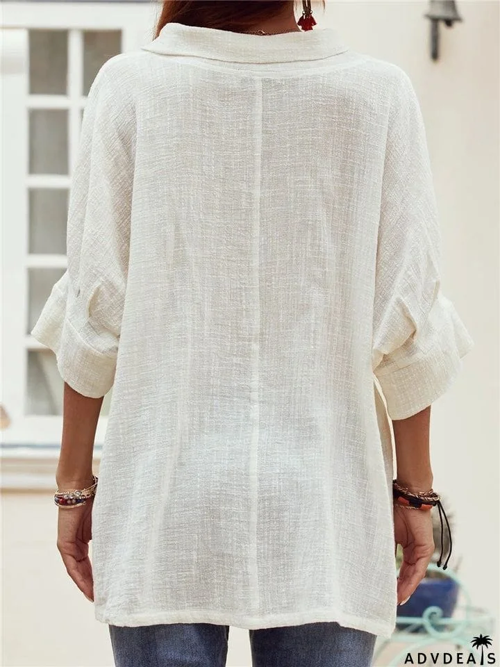 Half Sleeve Loose White Color Linen Blouse
