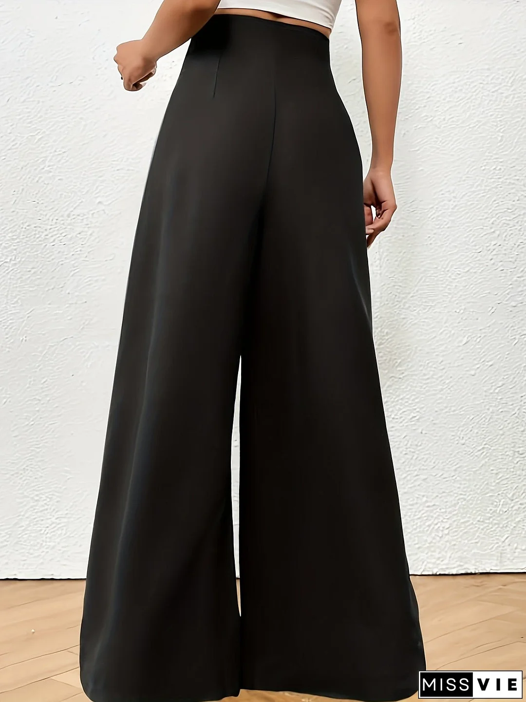 Plus Size Solid Pleated Wide Leg Pants, Casual High Waist Pants, Women's Plus Size Clothing