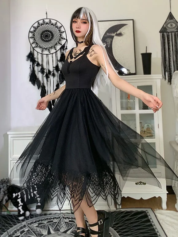 Black Gothic Long Dress Sleeveless Women Slip Dress  Novameme