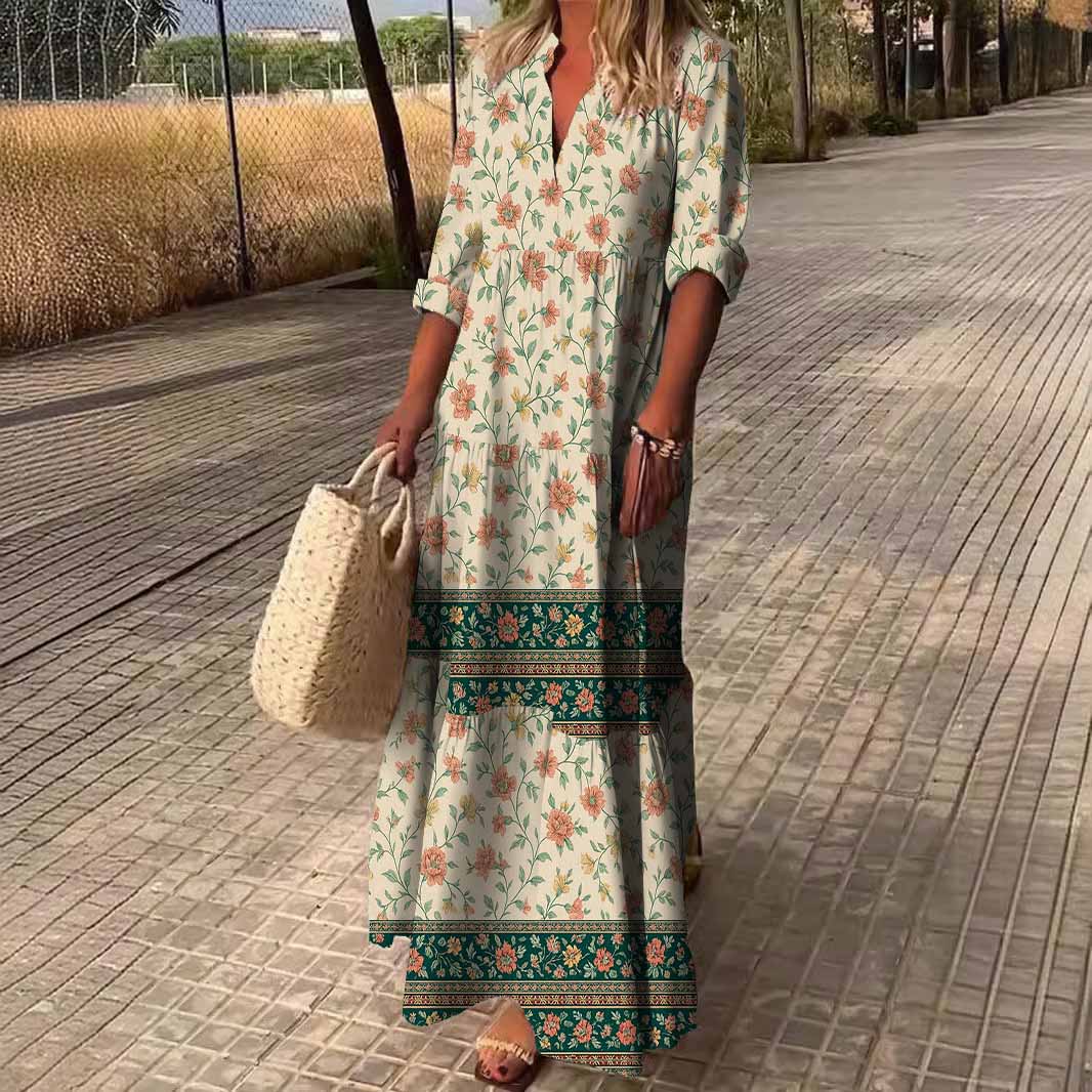 Women Bohemian,Red,Green,Floral DZDN0283 SPU Printed Long Sleeve V-neck Maxi Dress