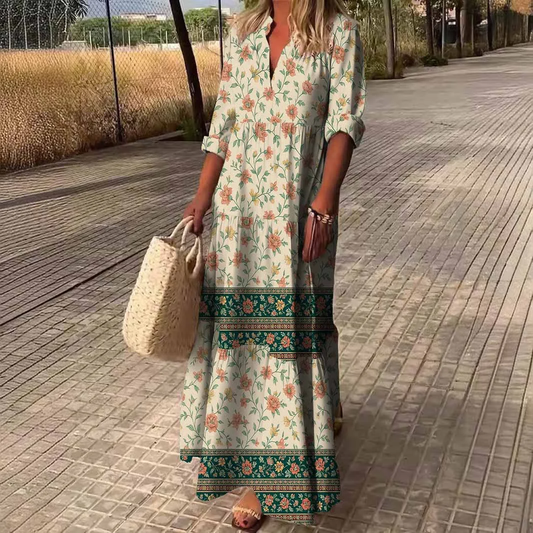 Women Bohemian,Red,Green,Floral DZDN0283 SPU Printed Long Sleeve V-neck Maxi Dress