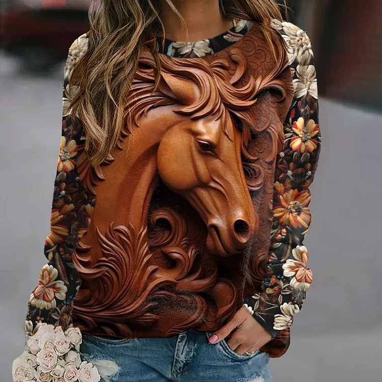 Comstylish Western Horse Print Round Neck Long Sleeve Sweatshirt