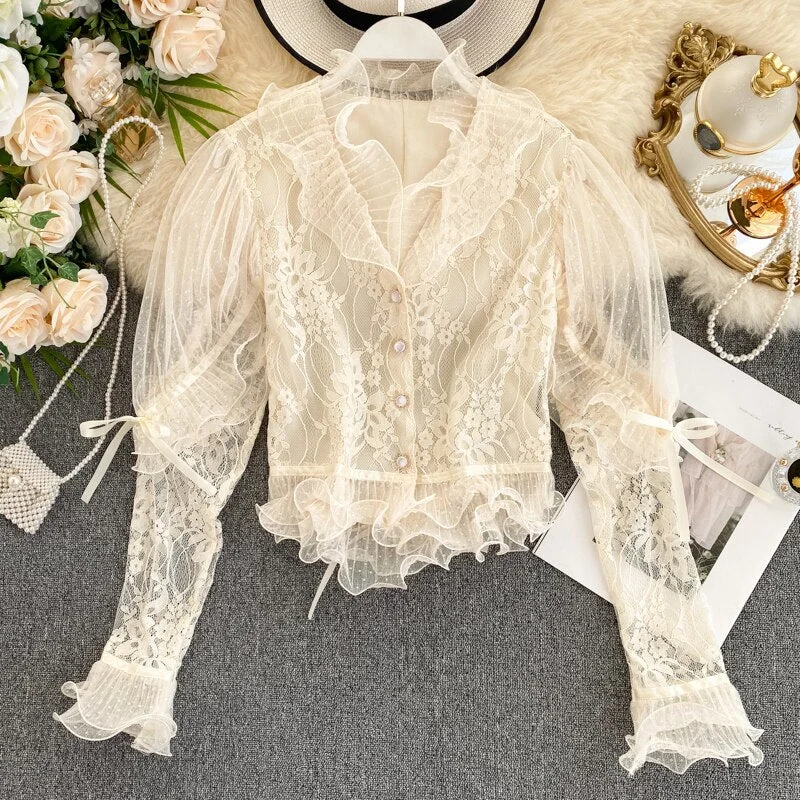 Casual Women Lace blouse White V-neck Long sleeve Short Female shirt Single breasted RufflesSexy Tops Spring Black INKEO 9T059