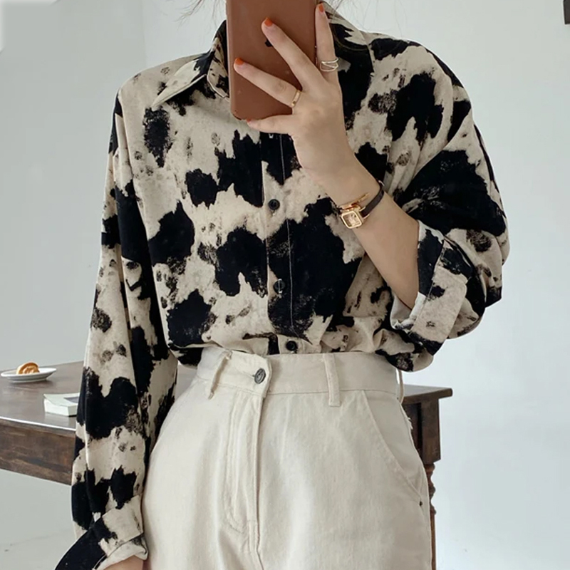 New Cow Print Button Up Women's Shirts Long Sleeve Blouse Korean Loose Clothes Chiffon Streetwear Tops Spring 13486