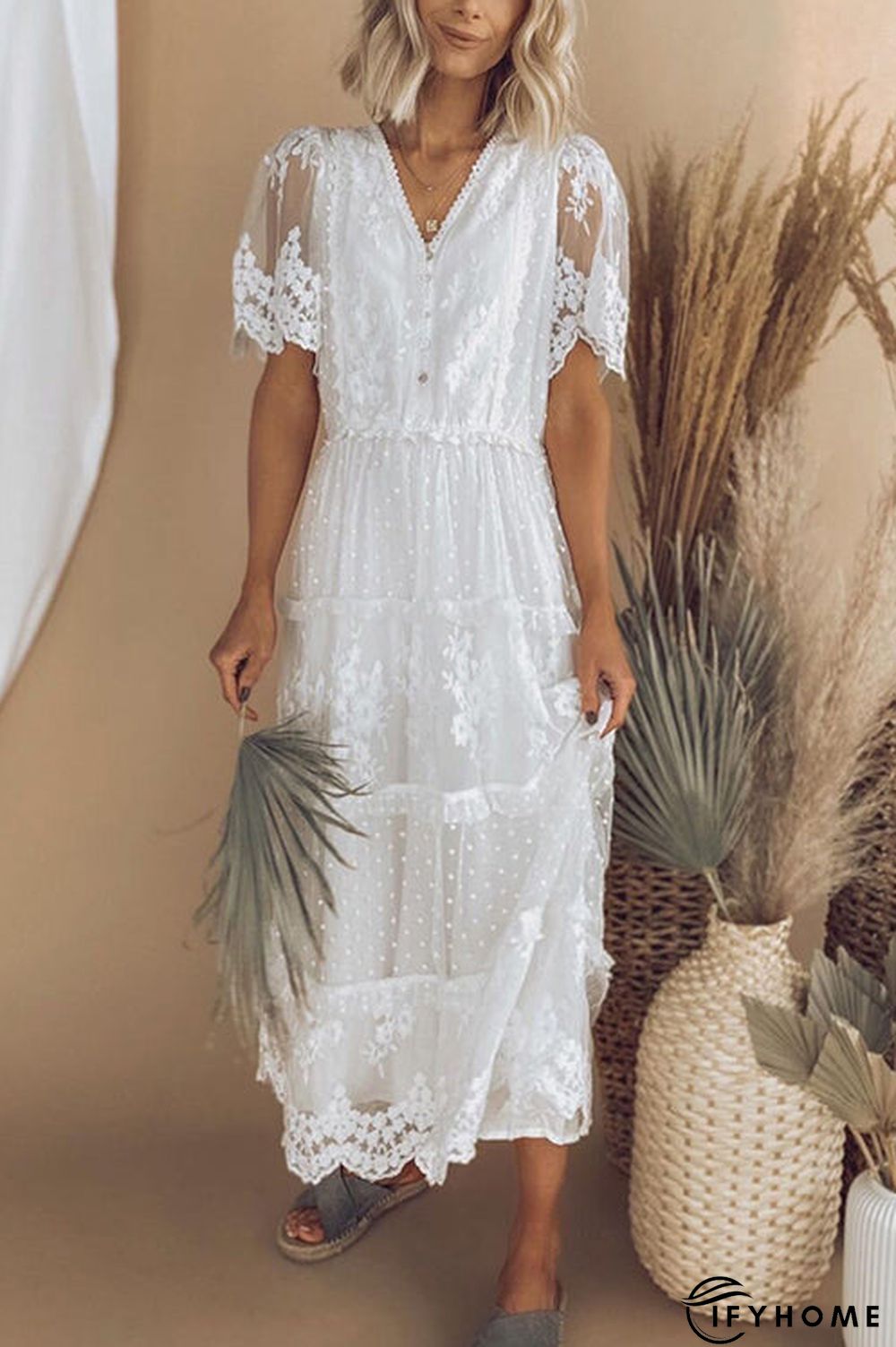 Button Lace V Neck Short Sleeve Maxi Dress | IFYHOME