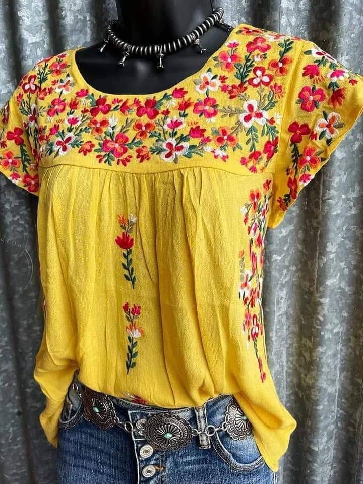 Short Sleeve Embroidered Print Top