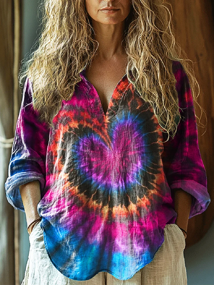 Women's Heart Tie-Dye Print Casual Linen V-neck Shirt