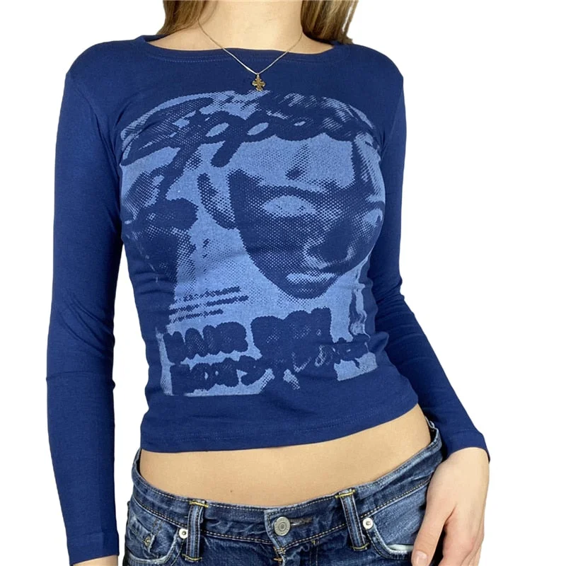 Xingqing Gothic Portrait Print T-shirt Aesthetic Short Sleevle Sweats Tees Harajuku Streetwear White Crop Top Women Clothes