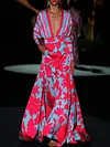 Thick Striped Floral Printed Long Sleeves Maxi Dresses