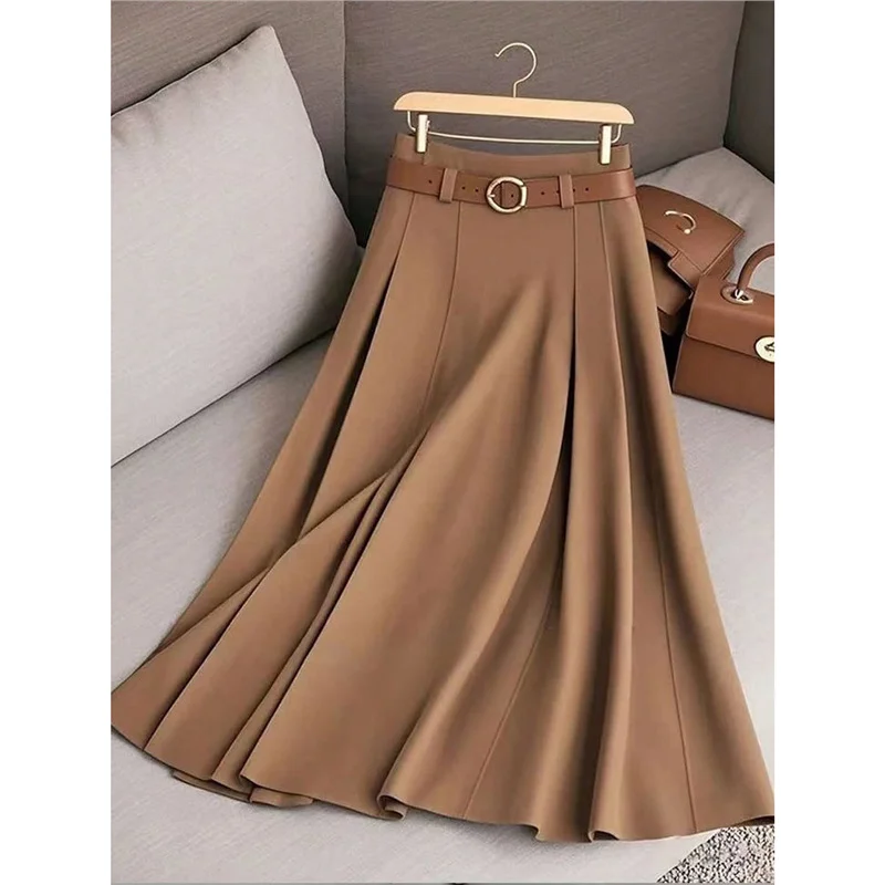 Athvotar Athvotar Women's Spring And Autumn Solid Color Casual Bvy Skirt With Belt