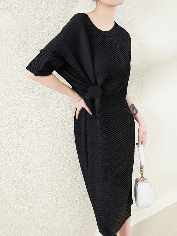 Elegant Pleats Solid Color Sleeveless Round Neck Casual Midi Dress