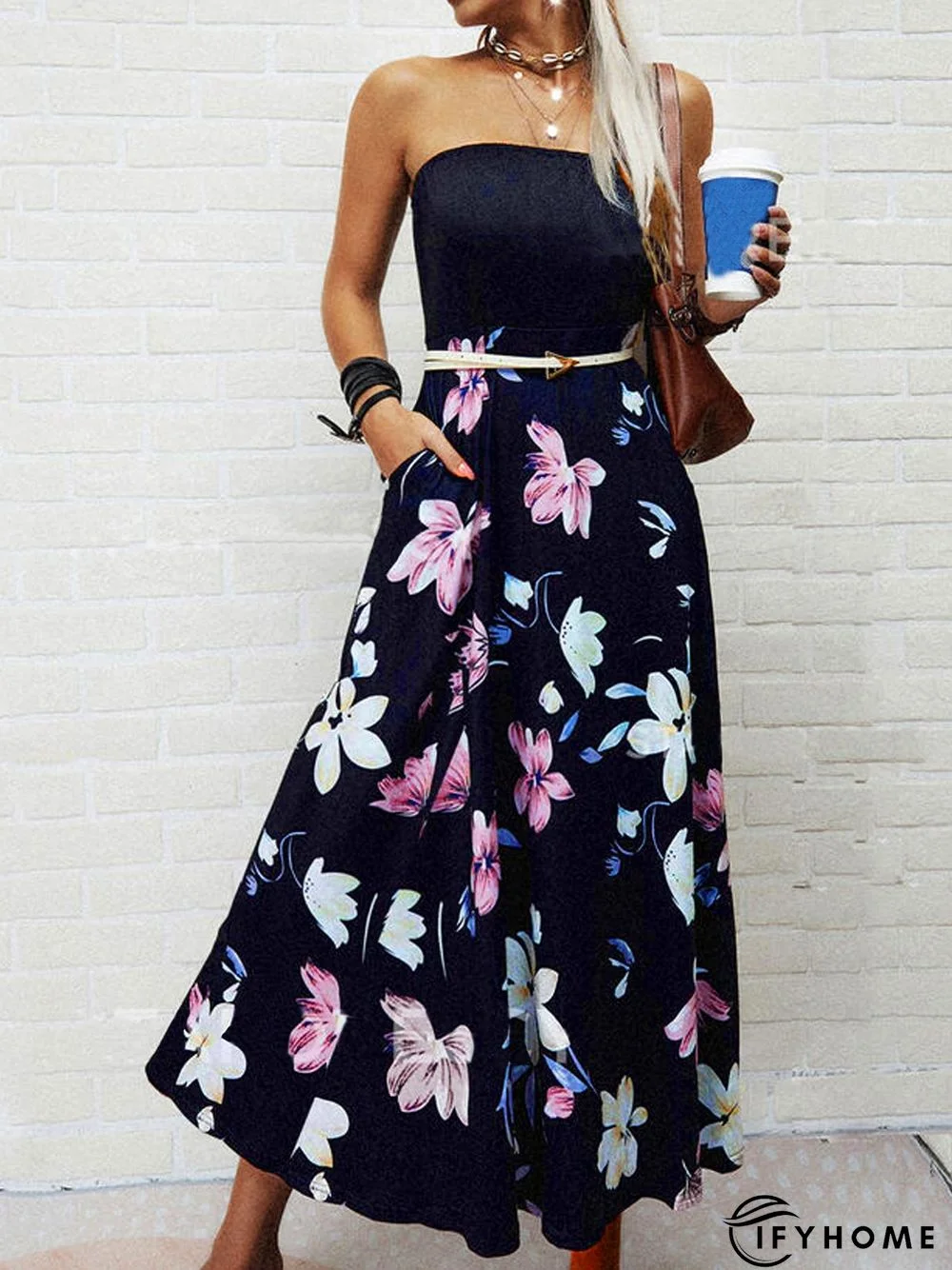 Casual Floral Strapless Sleeveless Printed Dress | IFYHOME