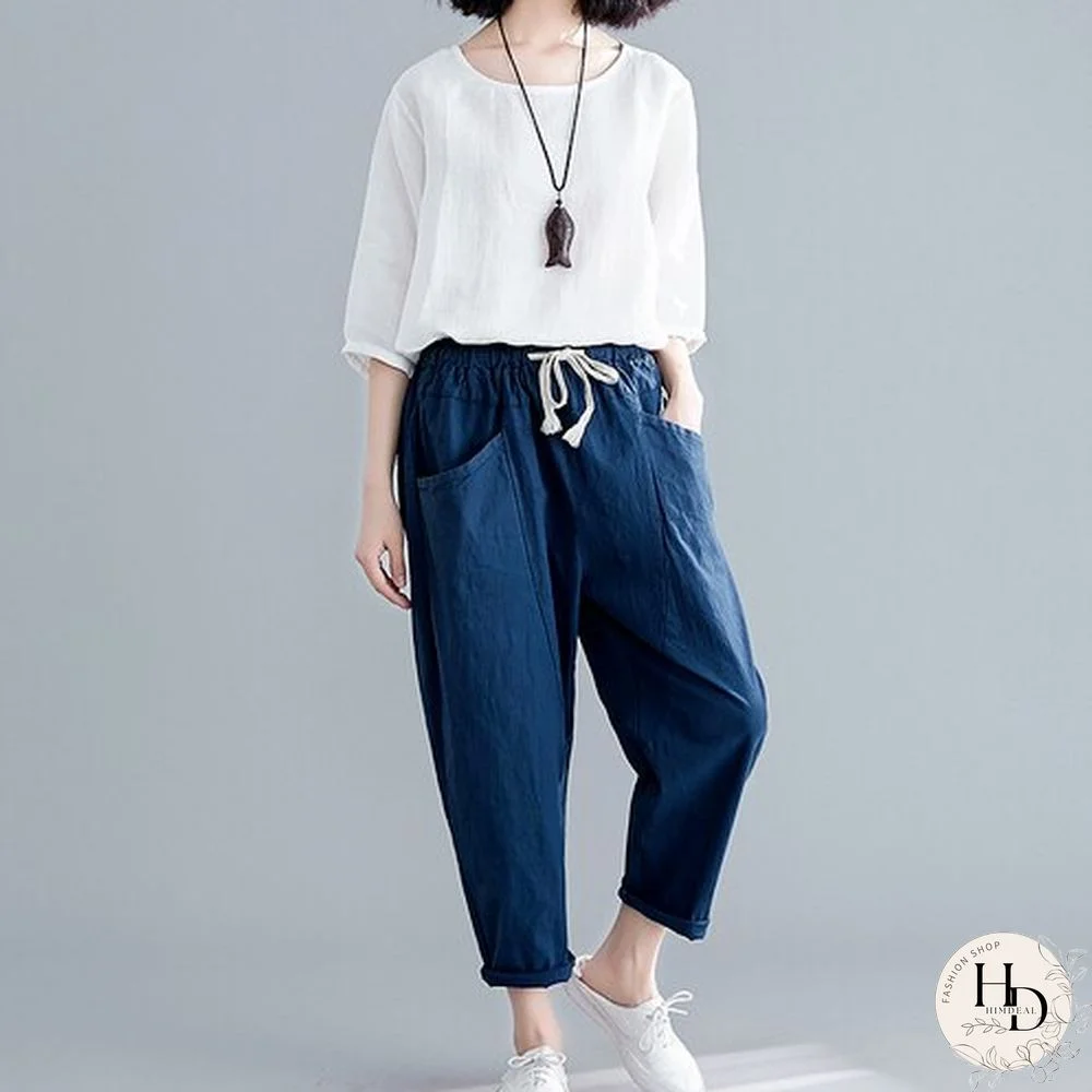 Women's Harem Pants Summer Cotton Linen Vintage Oversize Loose Solid Elastic High Waisted Trousers Streetwear Women Capris Pants