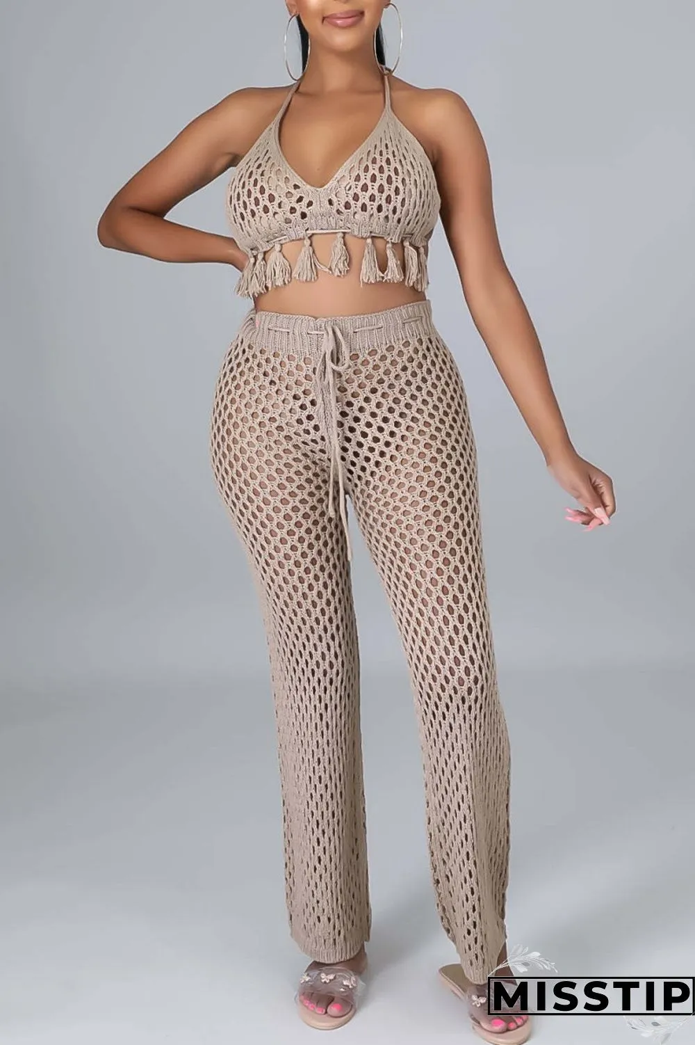 Orange Sexy Solid Bandage Hollowed Out Backless Halter Sleeveless Two Pieces