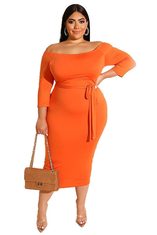 Plus Size Orange Bodycon Mid Length Dress - Chicaggo