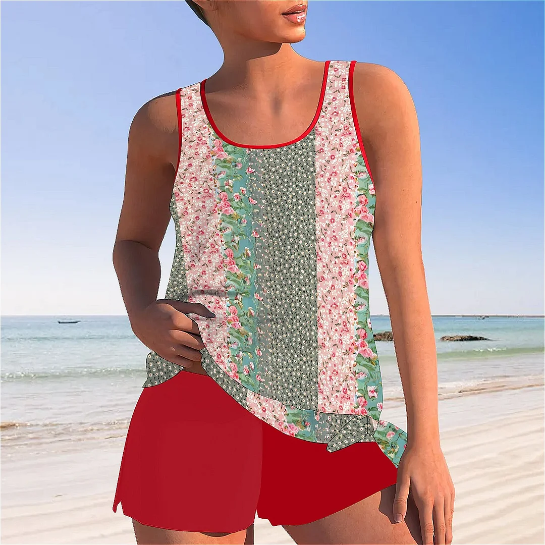 Bowknot Floral,Pink,Green,Stitch Mid Waisted Tankini Set - Plus Size Available