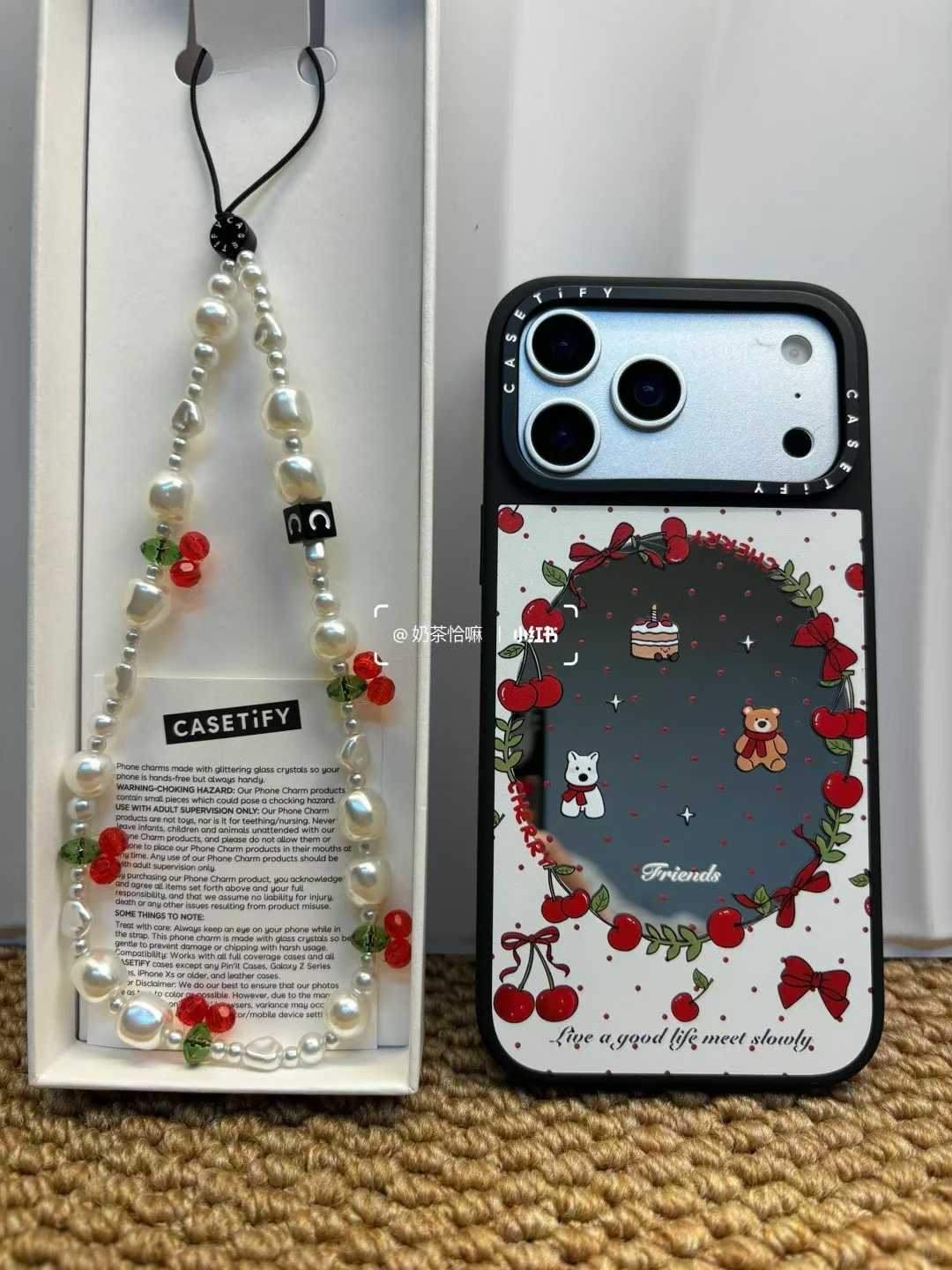 CASETiFY Cherry Friends Mirror Phone Case with Pearl Beaded Charm Strap for New iPhone