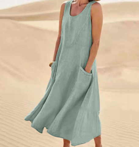 Mature Women Summer Sleeveless Long Dress With Pockets Fashion Casual Loose Dresses