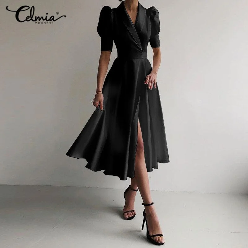 Sexy V-Neck Elegant Satin Shirt Dress 2021 Celmia Women Summer Sundress Casual Puff Sleeve Bandage Pleated Solid Party Vestidos