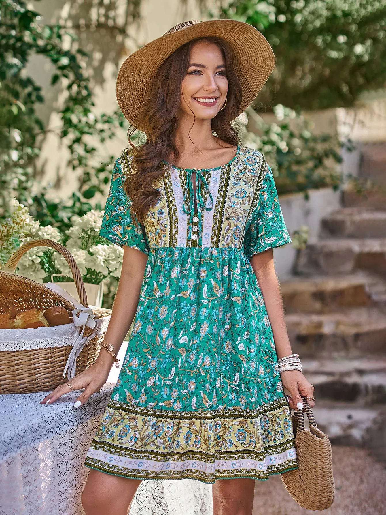 A line Dress Bohemian Rayon Positioning Floral Green Dress