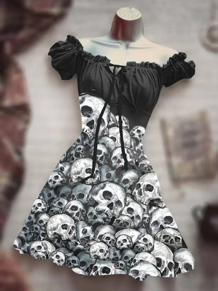 Halloween Skull Print Drawstring Puff Sleeve Dress