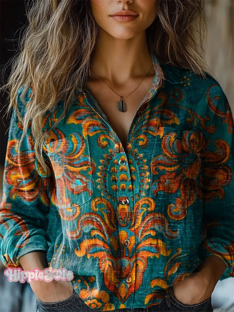 Women’s Retro Ethnic Pattern Print Casual Long Sleeve Comfortable Cotton Shirt Multicolor / S
