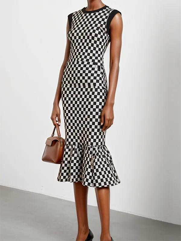 Contrast Color Plaid Pleated Bodycon Mermaid Round-Neck Sweater Dresses Midi Dresses