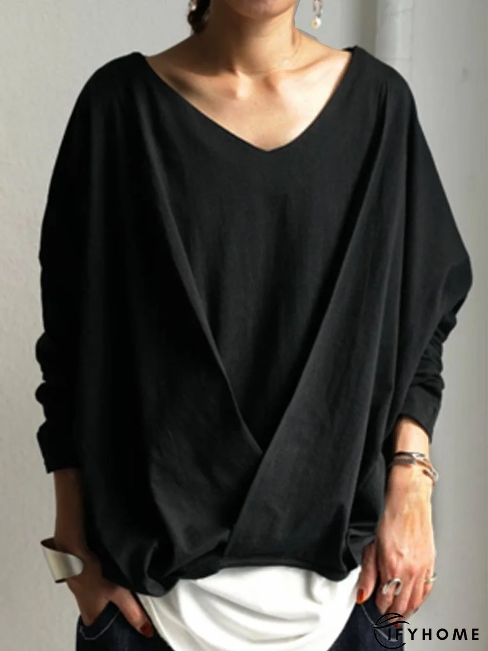 Long Sleeve Crew Neck Plain Tunic T-Shirt | IFYHOME