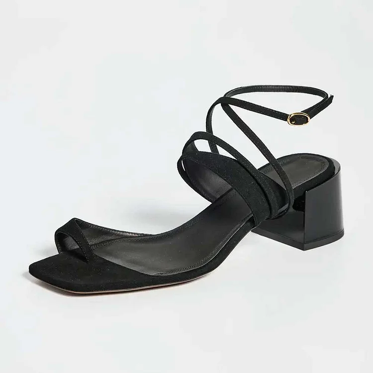 Black Vegan Suede Open Square Toe Buckled Strap Heels Sandals |FSJ Shoes