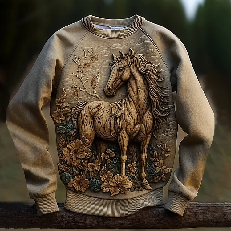 Comstylish Vintage Horse Print Round Neck Sweatshirt