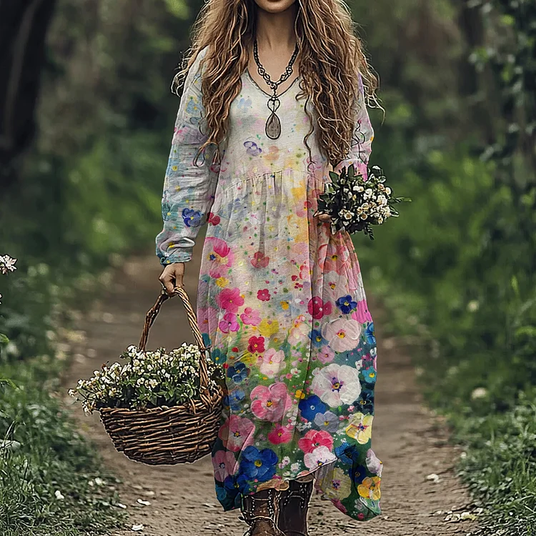 Women's Vintage Flowers Art Linen Blend Maxi Dress